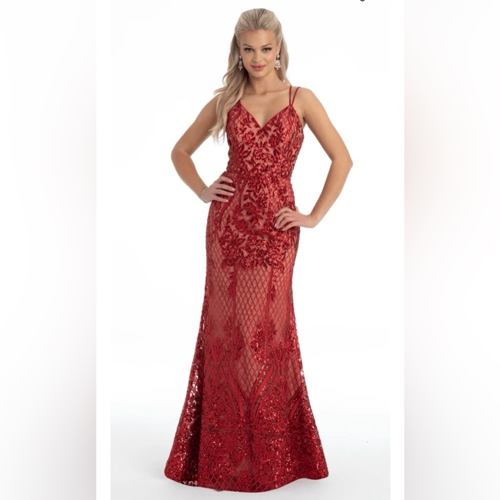 Camille La Vie Red SEQUIN EMBROIDERED LACE UP BACK MERMAID DRESS